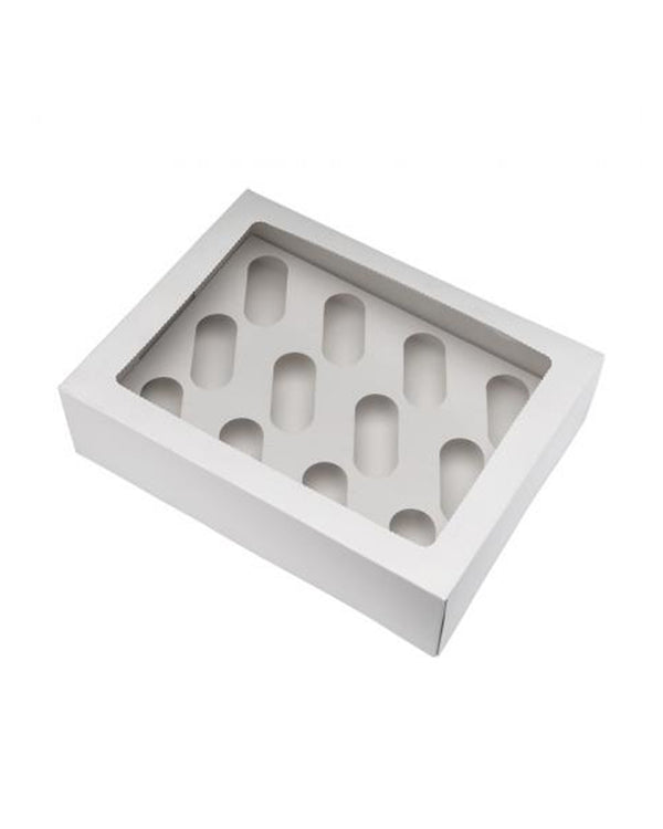 12 Cavity Hole White Plain Cup Cake Box with Clear Window on top