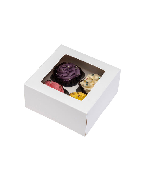 4 Cavity Hole White Plain Cup Cake Box with Clear Window on top