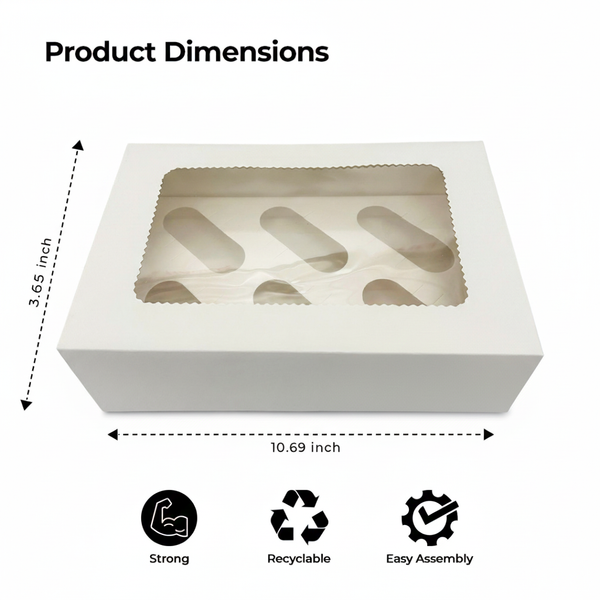 6 Hole Cupcake Box with Clear Window | White Cardboard Cupcake Packaging for Bakers & Home Bakeries