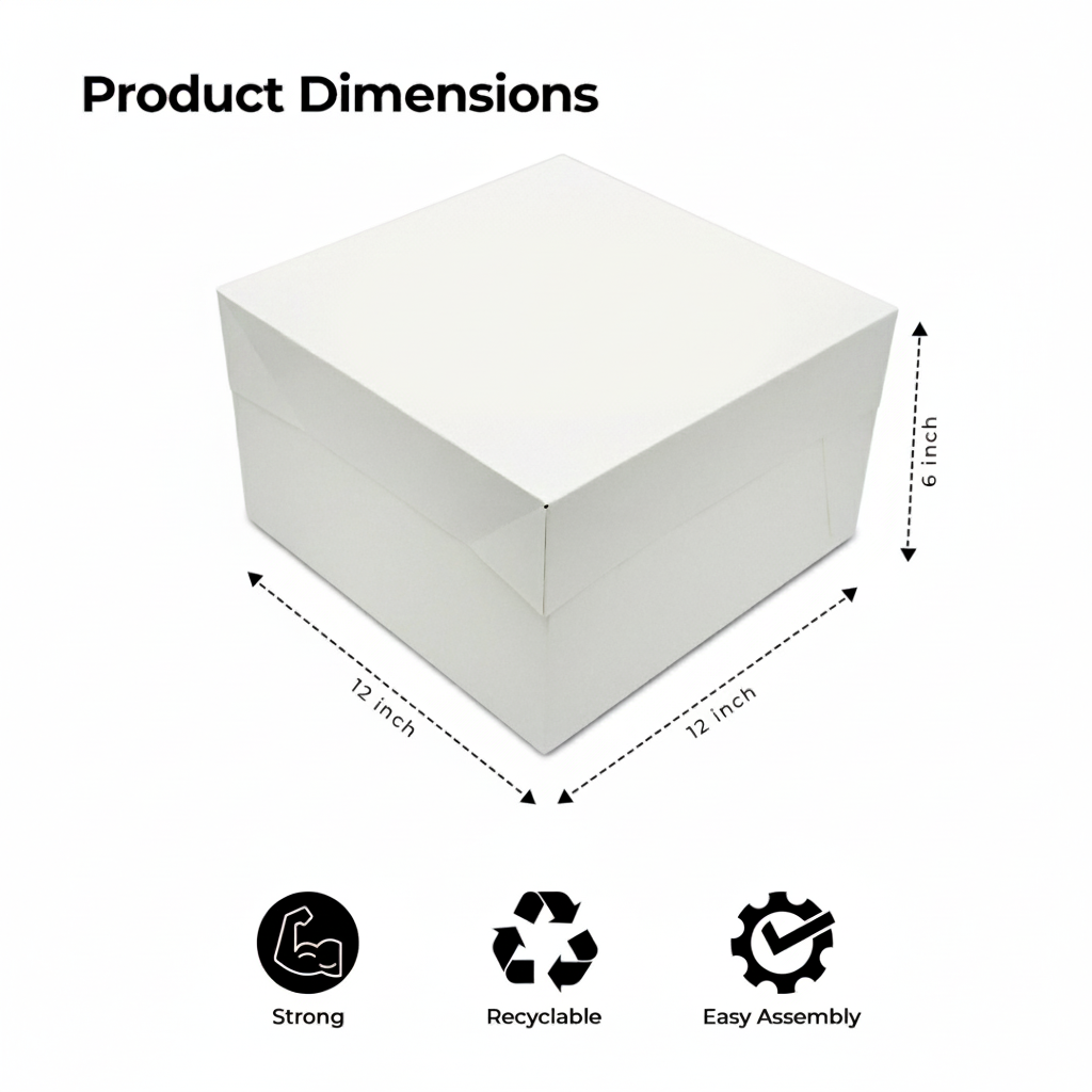 White Cake Boxes with Lid (8”, 10”, 12”) – Strong Cardboard Cake Packaging for Weddings & Parties