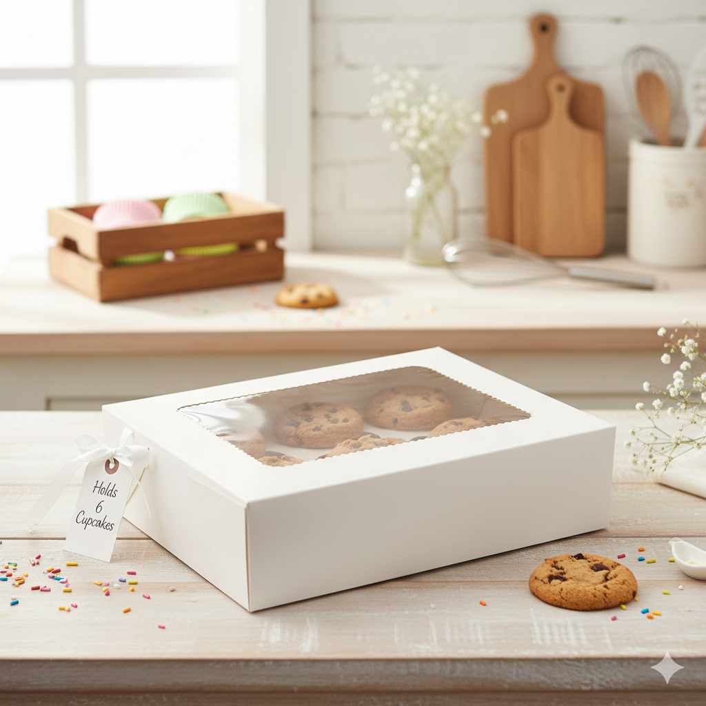 6 Hole Cupcake Box with Clear Window | White Cardboard Cupcake Packaging for Bakers & Home Bakeries