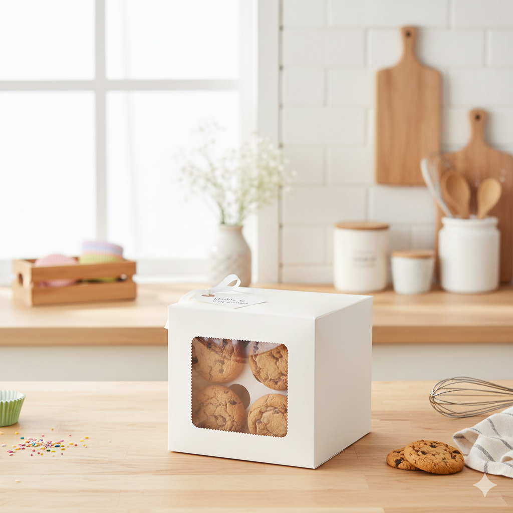 4 Cavity Hole White Plain Cup Cake Box with Clear Window on top