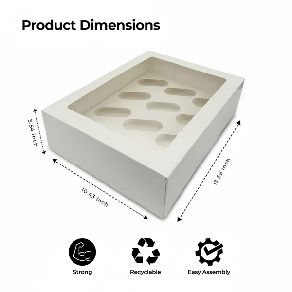 12 Hole Cupcake Box with Clear Window | White Cardboard Cupcake Packaging for Bakers & Home Bakeries