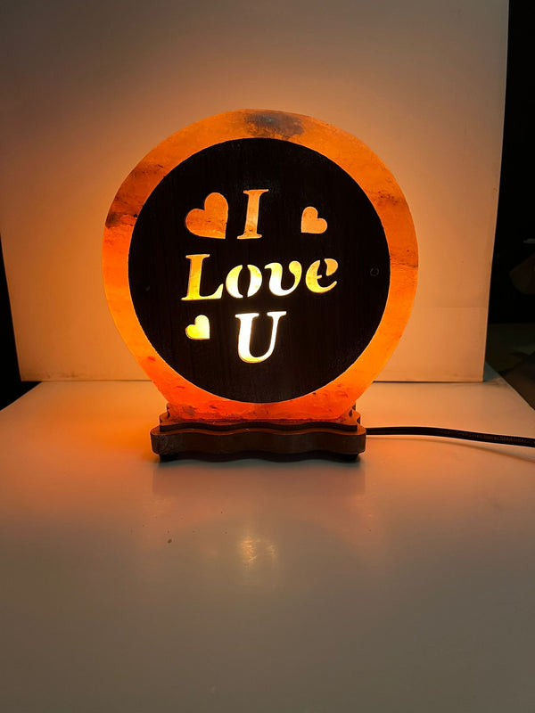 Himalayan Handmade Salt lamp with Modern wood work display I Love U